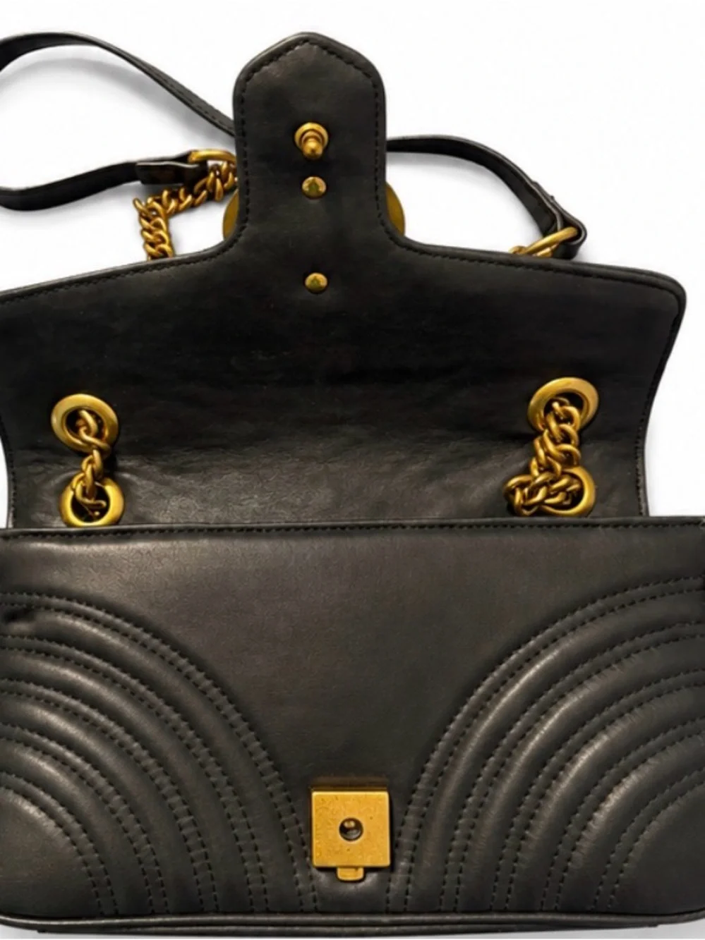 Black Quilted GG REAL LEATHER Crossbody Bag with Gold Chain